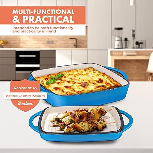  Bruntmor 2 In 1 Enameled Square Cast Iron Baking Pan, Cookware Dish With Grill Lid, 11-inch Multi Baker Casserole Dish, Lasagna Pan, Blue Whale