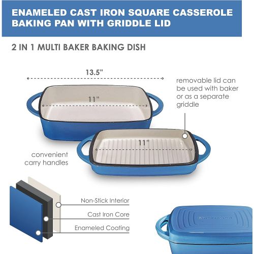  Bruntmor 2 In 1 Enameled Square Cast Iron Baking Pan, Cookware Dish With Grill Lid, 11-inch Multi Baker Casserole Dish, Lasagna Pan, Blue Whale