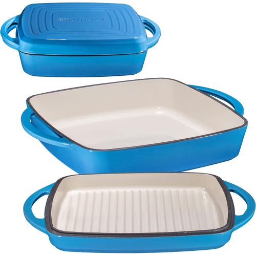  Bruntmor 2 In 1 Enameled Square Cast Iron Baking Pan, Cookware Dish With Grill Lid, 11-inch Multi Baker Casserole Dish, Lasagna Pan, Blue Whale