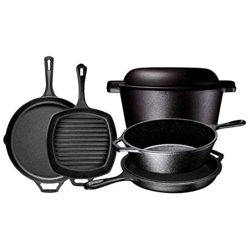  Bruntmor Pre Seasoned Cast Iron 6 Piece Bundle Gift Set, Double Dutch, Multi Cooker, Skillet & Square Grill Pan, Kitchen and Outdoor Camping Cookware/Bakeware Set (6 Piece)