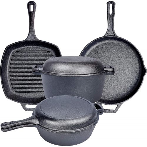  Bruntmor Pre Seasoned Cast Iron 6 Piece Bundle Gift Set, Double Dutch, Multi Cooker, Skillet & Square Grill Pan, Kitchen and Outdoor Camping Cookware/Bakeware Set (6 Piece)