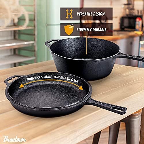  Bruntmor Pre-Seasoned 2-In-1 Cast Iron Multi-Cooker ? Heavy Duty Skillet and Lid Set, Versatile Non-Stick Kitchen Cookware, Use As Dutch Oven Or Frying Pan, 3 Quart, Pre-Seasoned