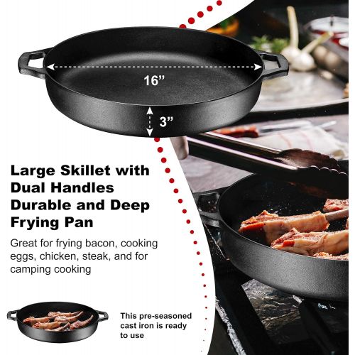  Bruntmor Pre-Seasoned Cast Iron Grill Pan for Outdoor/Indoor Cooking. 16 Large Skillet with Dual Handles Durable Frying Pan. Deep Pan with 2 Large Loop Handles, Camping Skillet, Fr