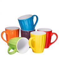 Set of 6 Large-sized 16 Ounce Ceramic Coffee Grooved Mugs, Multi-Color: Kitchen & Dining