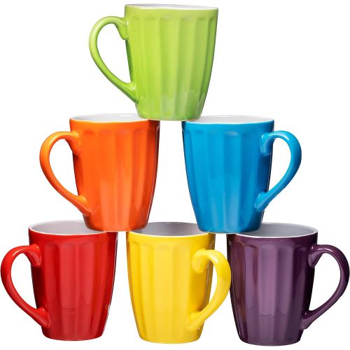  Set of 6 Large-sized 16 Ounce Ceramic Coffee Grooved Mugs, Multi-Color: Kitchen & Dining