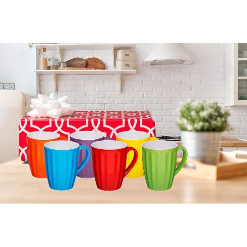  Set of 6 Large-sized 16 Ounce Ceramic Coffee Grooved Mugs, Multi-Color: Kitchen & Dining