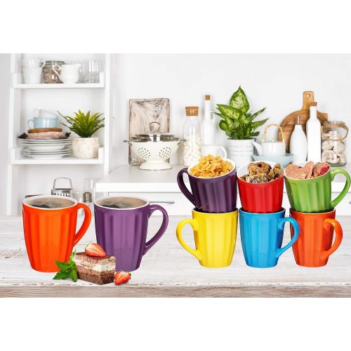  Set of 6 Large-sized 16 Ounce Ceramic Coffee Grooved Mugs, Multi-Color: Kitchen & Dining