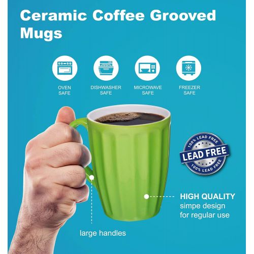  Set of 6 Large-sized 16 Ounce Ceramic Coffee Grooved Mugs, Multi-Color: Kitchen & Dining