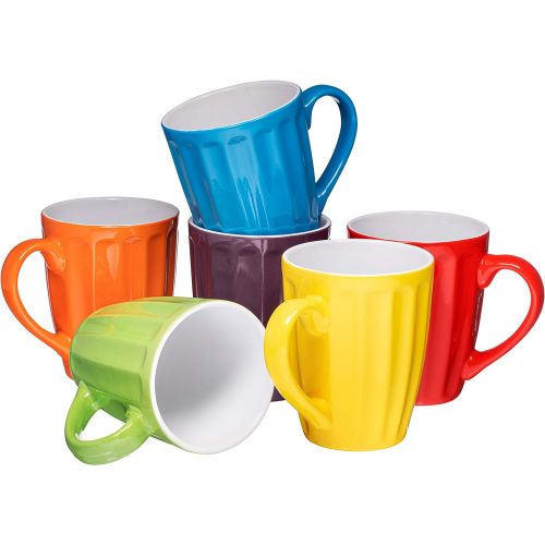  Set of 6 Large-sized 16 Ounce Ceramic Coffee Grooved Mugs, Multi-Color: Kitchen & Dining