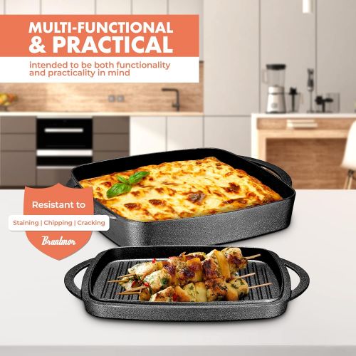  Bruntmor 2 In 1 Pre-Seasoned Square Cast Iron Baking Pan Cookware Dish With Grill Lid, 11-inch Multi Baker Casserole Dish, Lasagna Pan