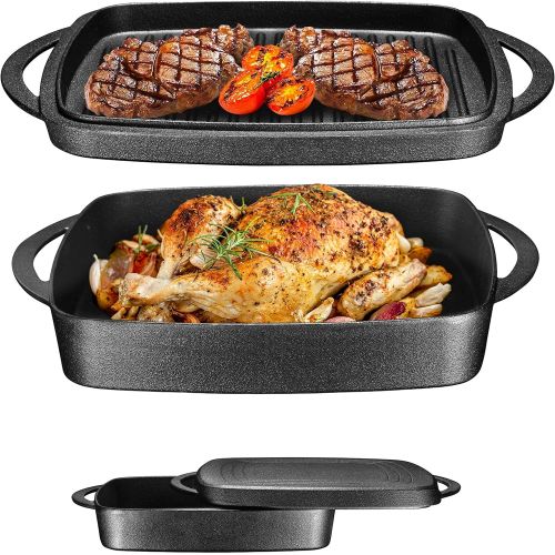  Bruntmor 2 In 1 Pre-Seasoned Square Cast Iron Baking Pan Cookware Dish With Grill Lid, 11-inch Multi Baker Casserole Dish, Lasagna Pan