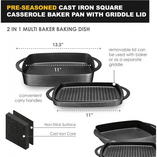  Bruntmor 2 In 1 Pre-Seasoned Square Cast Iron Baking Pan Cookware Dish With Grill Lid, 11-inch Multi Baker Casserole Dish, Lasagna Pan