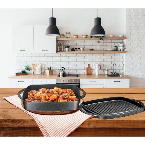  Bruntmor 2 In 1 Pre-Seasoned Square Cast Iron Baking Pan Cookware Dish With Grill Lid, 11-inch Multi Baker Casserole Dish, Lasagna Pan