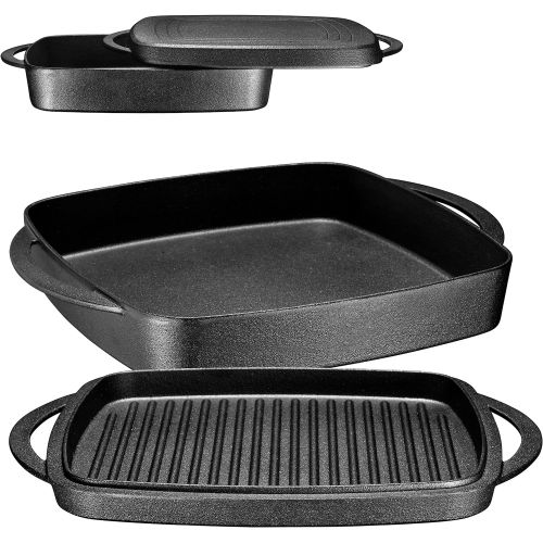  Bruntmor 2 In 1 Pre-Seasoned Square Cast Iron Baking Pan Cookware Dish With Grill Lid, 11-inch Multi Baker Casserole Dish, Lasagna Pan