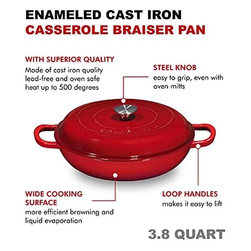  Bruntmor Enameled Nonstick Cast Iron Casserole Braiser Pan - 3.8-Quart Kitchen Round Casserole Dish Pan