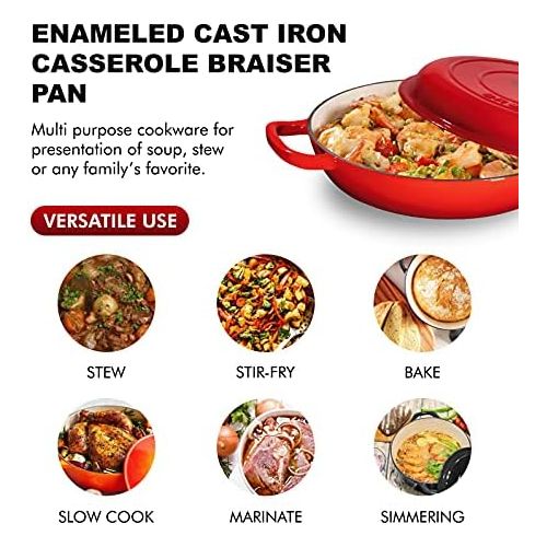  Bruntmor Enameled Nonstick Cast Iron Casserole Braiser Pan - 3.8-Quart Kitchen Round Casserole Dish Pan