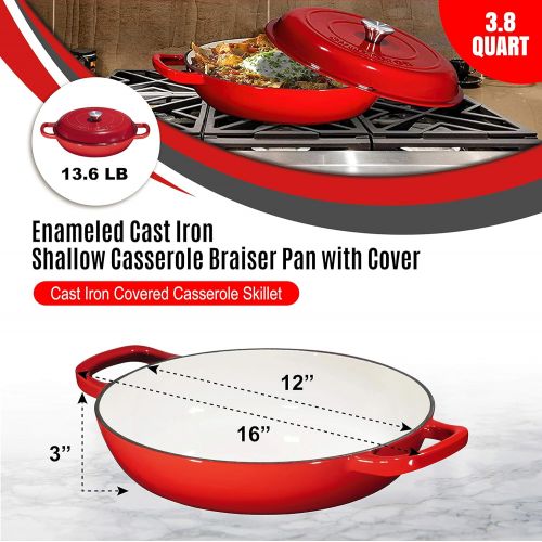  Bruntmor Enameled Nonstick Cast Iron Casserole Braiser Pan - 3.8-Quart Kitchen Round Casserole Dish Pan