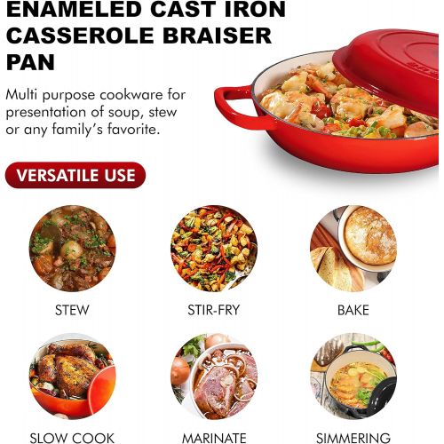  Bruntmor Enameled Nonstick Cast Iron Casserole Braiser Pan - 3.8-Quart Kitchen Round Casserole Dish Pan