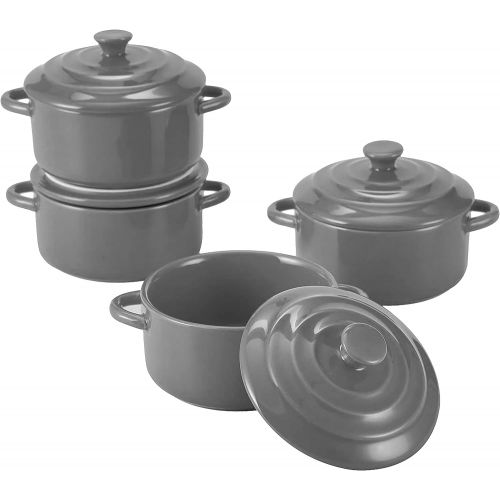  Bruntmor 8.5 Ounce Mini Cocotte Ceramic Ramekins for Baking, Mini Casserole with Lid, Souffle Dish (Grey)