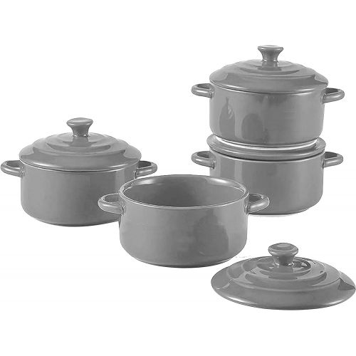  Bruntmor 8.5 Ounce Mini Cocotte Ceramic Ramekins for Baking, Mini Casserole with Lid, Souffle Dish (Grey)