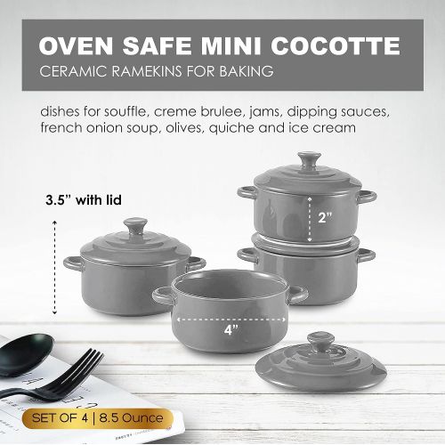  Bruntmor 8.5 Ounce Mini Cocotte Ceramic Ramekins for Baking, Mini Casserole with Lid, Souffle Dish (Grey)