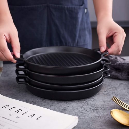  Bruntmor 8 Inch Ceramic Set Of 4 Oven to Table Bakeware Matte Round Baking Dish Grill Dinner Plates, Food Serving Dinner Trays, Black