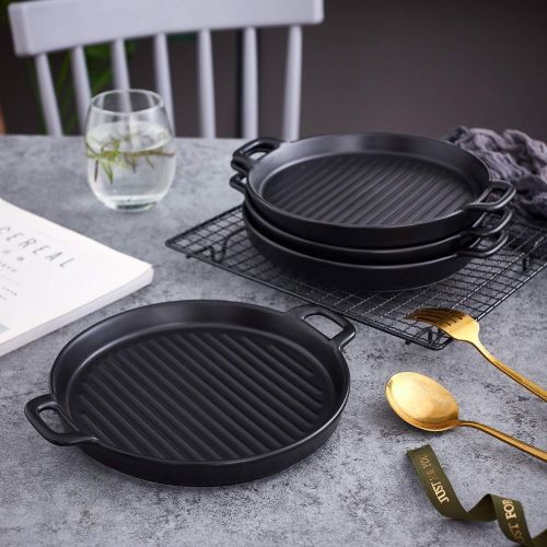  Bruntmor 8 Inch Ceramic Set Of 4 Oven to Table Bakeware Matte Round Baking Dish Grill Dinner Plates, Food Serving Dinner Trays, Black