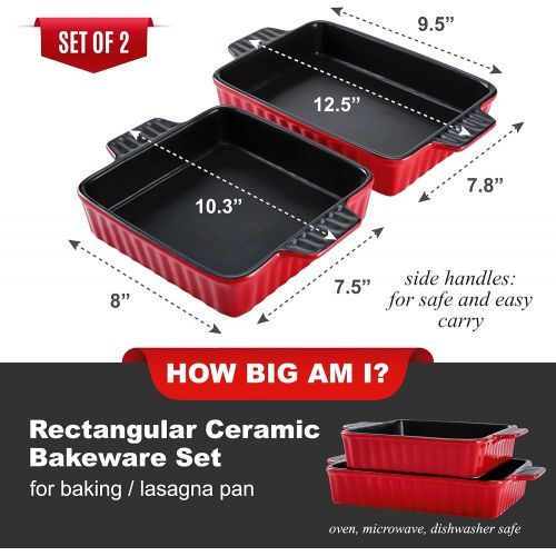  Bruntmor Set Of 2 Rectangular Bakeware Set Ceramic Baking Pan Lasagna Pans for Baking, large 9.5x7.5 + 8x7.5 Red/Black