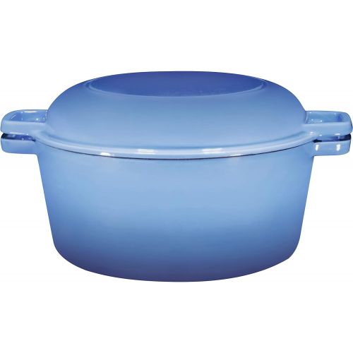  Bruntmor 2 in 1 Enameled Cast Iron Double Dutch Oven & Skillet Lid, 5-Quart, Induction, Electric, Gas & In Oven Compatible, Enameled Blue