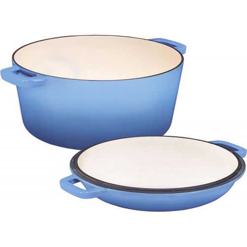  Bruntmor 2 in 1 Enameled Cast Iron Double Dutch Oven & Skillet Lid, 5-Quart, Induction, Electric, Gas & In Oven Compatible, Enameled Blue