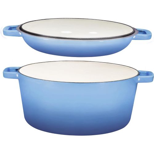  Bruntmor 2 in 1 Enameled Cast Iron Double Dutch Oven & Skillet Lid, 5-Quart, Induction, Electric, Gas & In Oven Compatible, Enameled Blue