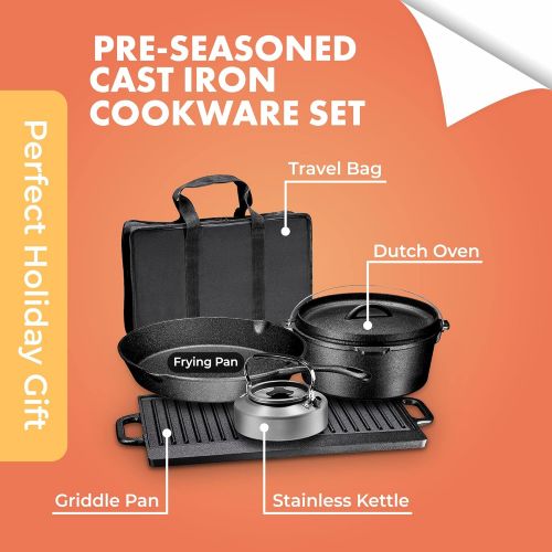  Bruntmor Pre-Seasoned Heavy Duty Cast Iron Dutch Oven Camping Cooking Set with Travel bag, 5 Piece Set