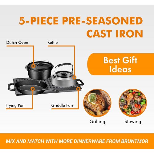  Bruntmor Pre-Seasoned Heavy Duty Cast Iron Dutch Oven Camping Cooking Set with Travel bag, 5 Piece Set