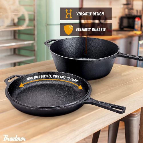  Bruntmor Pre-Seasoned 2-In-1 Cast Iron Multi-Cooker ? Heavy Duty Skillet and Lid Set, Versatile Non-Stick Kitchen Cookware, Use As Dutch Oven Or Frying Pan, 3 Quart, Pre-Seasoned