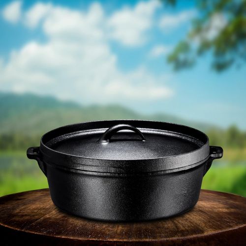  Bruntmor Pre-Seasoned Cast Iron Dutch Oven with Flanged Lid Iron Cover, for Campfire or Fireplace Cooking Pre-Seasoned Camping Cookware Flat Bottom 6-Quart