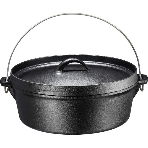  Bruntmor Pre-Seasoned Cast Iron Dutch Oven with Flanged Lid Iron Cover, for Campfire or Fireplace Cooking Pre-Seasoned Camping Cookware Flat Bottom 6-Quart