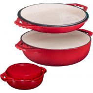Bruntmor 2-in-1 Enameled Cast Iron Cocotte Double Braiser Pan with Grill Lid 3.3 Quarts - Barbecue Grill Non Stick Frying Pan - Casserole Cookware Wide Handle (Red)