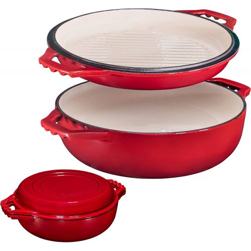  Bruntmor 2-in-1 Enameled Cast Iron Cocotte Double Braiser Pan with Grill Lid 3.3 Quarts - Barbecue Grill Non Stick Frying Pan - Casserole Cookware Wide Handle (Red)