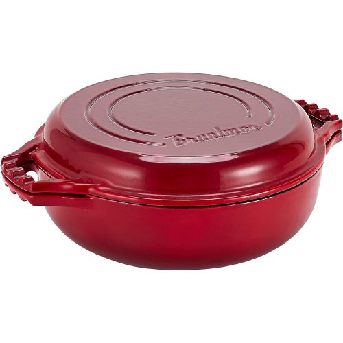  Bruntmor 2-in-1 Enameled Cast Iron Cocotte Double Braiser Pan with Grill Lid 3.3 Quarts - Barbecue Grill Non Stick Frying Pan - Casserole Cookware Wide Handle (Red)