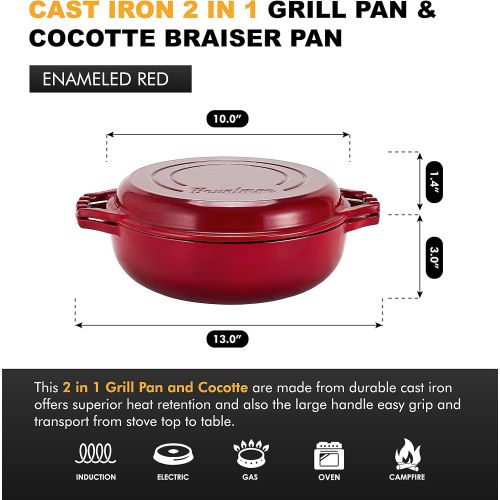  Bruntmor 2-in-1 Enameled Cast Iron Cocotte Double Braiser Pan with Grill Lid 3.3 Quarts - Barbecue Grill Non Stick Frying Pan - Casserole Cookware Wide Handle (Red)