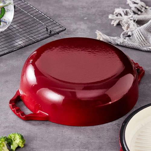  Bruntmor 2-in-1 Enameled Cast Iron Cocotte Double Braiser Pan with Grill Lid 3.3 Quarts - Barbecue Grill Non Stick Frying Pan - Casserole Cookware Wide Handle (Red)