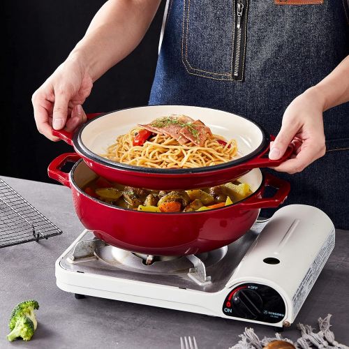  Bruntmor 2-in-1 Enameled Cast Iron Cocotte Double Braiser Pan with Grill Lid 3.3 Quarts - Barbecue Grill Non Stick Frying Pan - Casserole Cookware Wide Handle (Red)