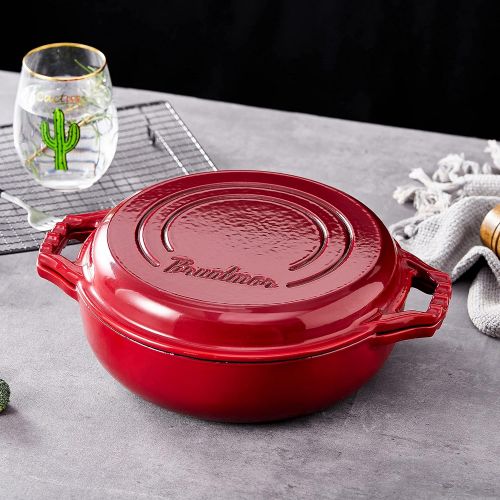  Bruntmor 2-in-1 Enameled Cast Iron Cocotte Double Braiser Pan with Grill Lid 3.3 Quarts - Barbecue Grill Non Stick Frying Pan - Casserole Cookware Wide Handle (Red)