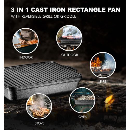  Bruntmor 3-In-1 Pre-Seasoned Cast Iron Rectangle Pan With With Reversible Grill Griddle Lid Multi Cooker Deep Roasting Grill Pan, Non-Stick Open Fire Camping, Use As Dutch Oven, Frying Pan