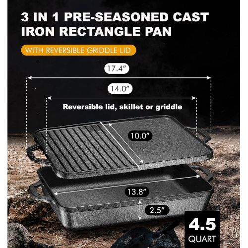  Bruntmor 3-In-1 Pre-Seasoned Cast Iron Rectangle Pan With With Reversible Grill Griddle Lid Multi Cooker Deep Roasting Grill Pan, Non-Stick Open Fire Camping, Use As Dutch Oven, Frying Pan