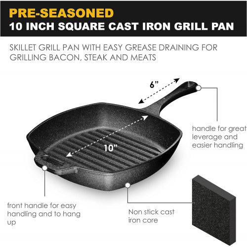  Bruntmor 10 Pre-seasoned Square Cast Iron Skillet Grill Pan for Grilling Bacon, Steak, and Meats, Stove, Fire and Oven Safe For Camping and Barbecue