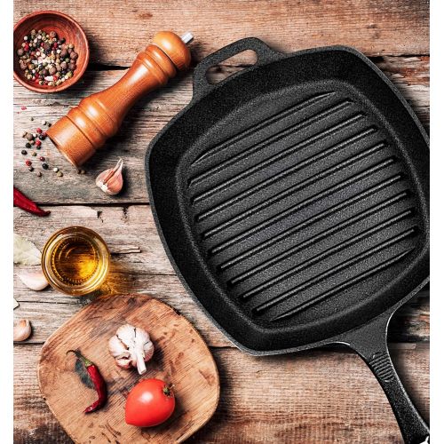  Bruntmor 10 Pre-seasoned Square Cast Iron Skillet Grill Pan for Grilling Bacon, Steak, and Meats, Stove, Fire and Oven Safe For Camping and Barbecue