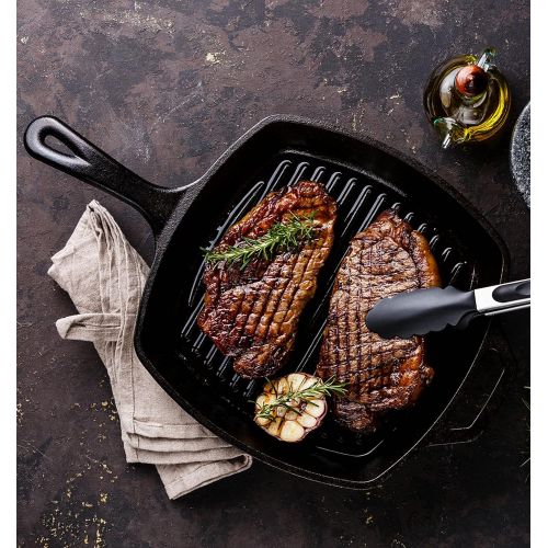  Bruntmor 10 Pre-seasoned Square Cast Iron Skillet Grill Pan for Grilling Bacon, Steak, and Meats, Stove, Fire and Oven Safe For Camping and Barbecue