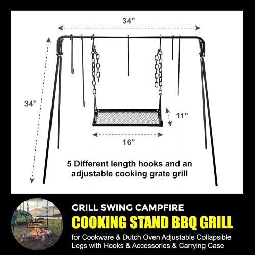  [아마존베스트]Bruntmor Grill Swing Campfire Cooking Stand BBQ Grill for Cookware & Dutch Oven Adjustable Collapsible Legs with Hooks & Accessories & Carrying Case