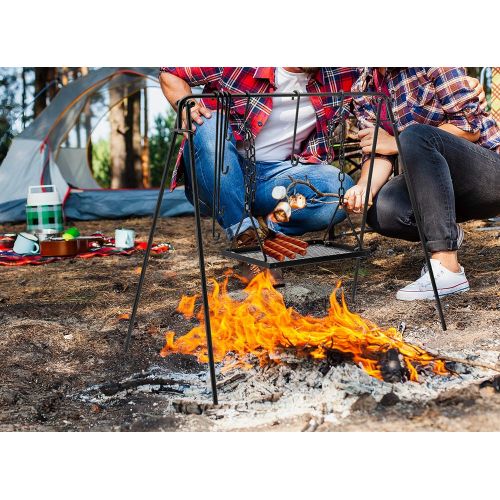  [아마존베스트]Bruntmor Grill Swing Campfire Cooking Stand BBQ Grill for Cookware & Dutch Oven Adjustable Collapsible Legs with Hooks & Accessories & Carrying Case